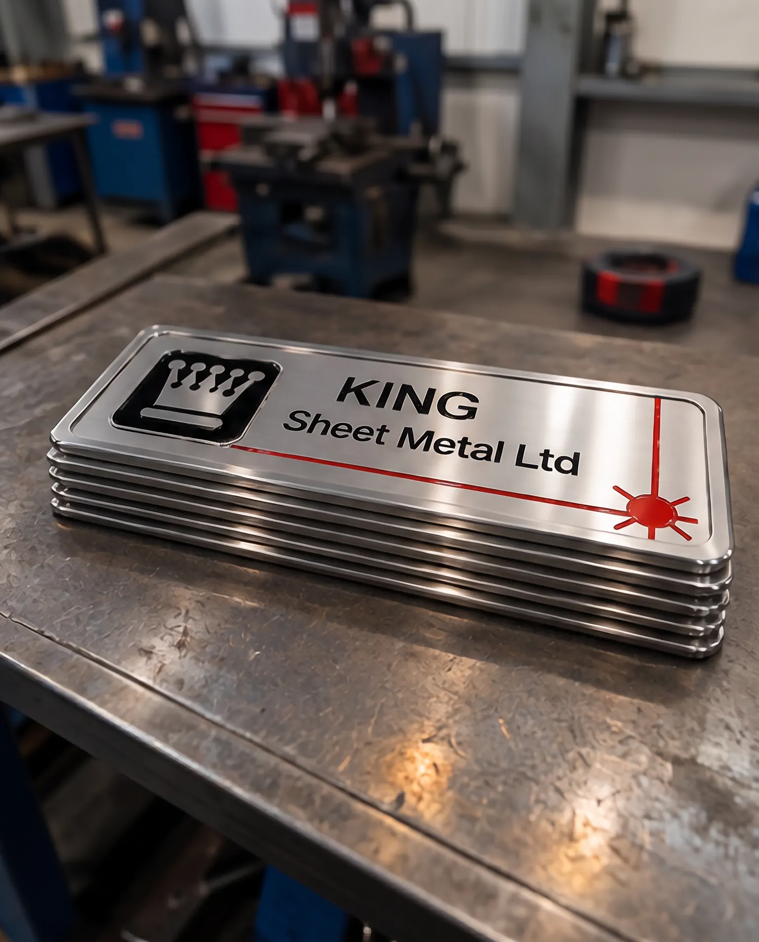 Stacked brushed stainless steel nameplates with the King Sheet Metal logo and red laser-cut detail on the workshop bench