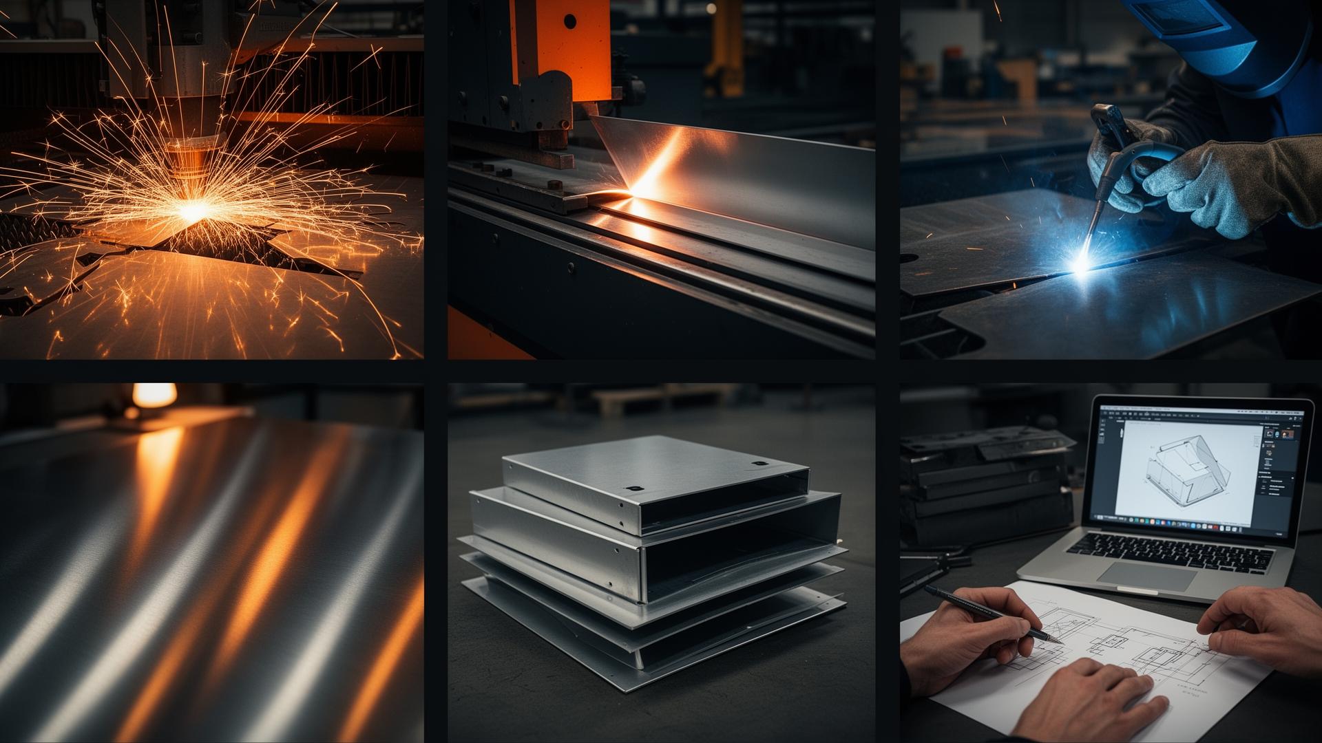 Collage of laser cutting, CNC bending, TIG welding, metal finishing, sheet fabrication and CAD design