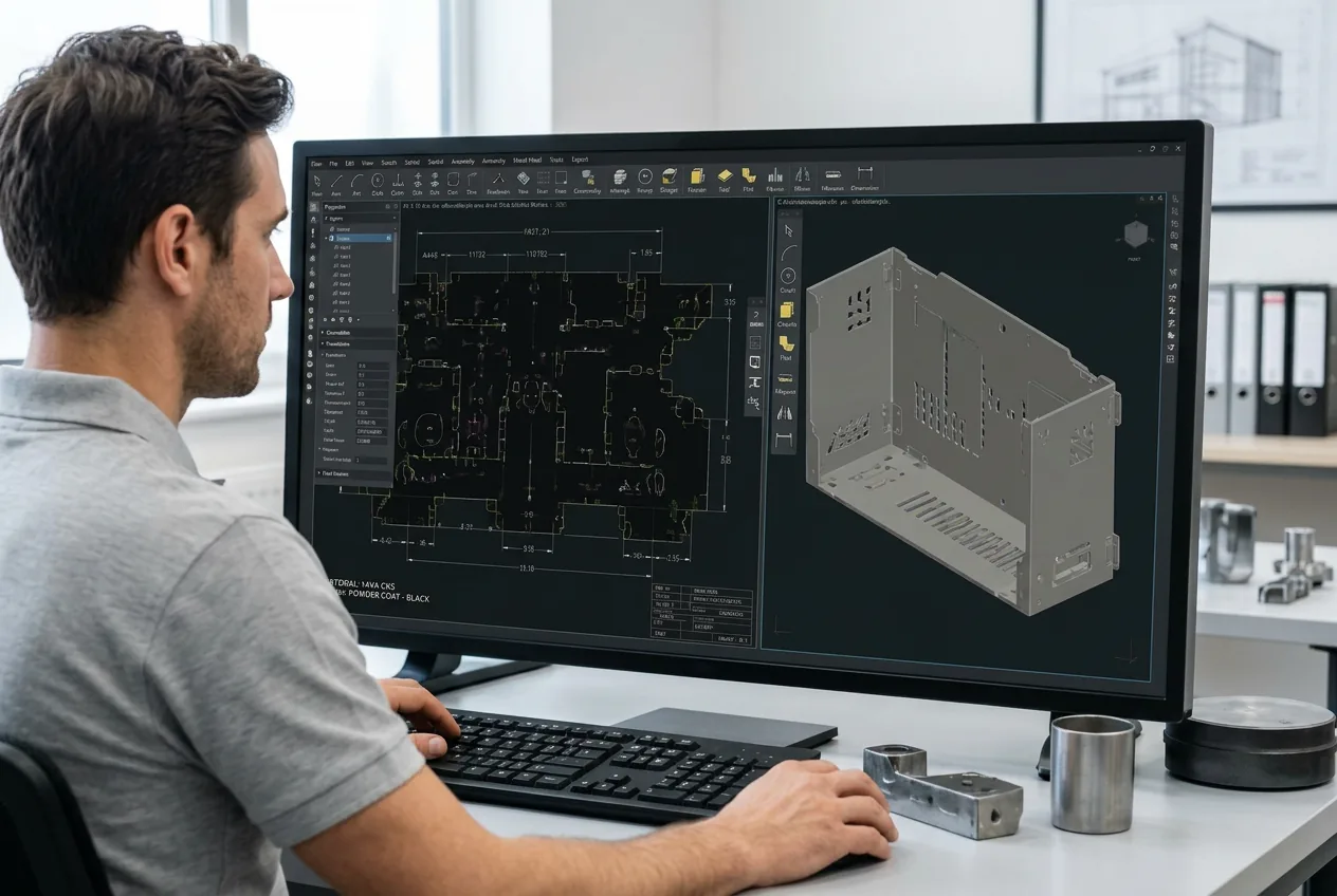 CAD engineer in standard work clothing modelling a sheet metal enclosure at a bright workstation