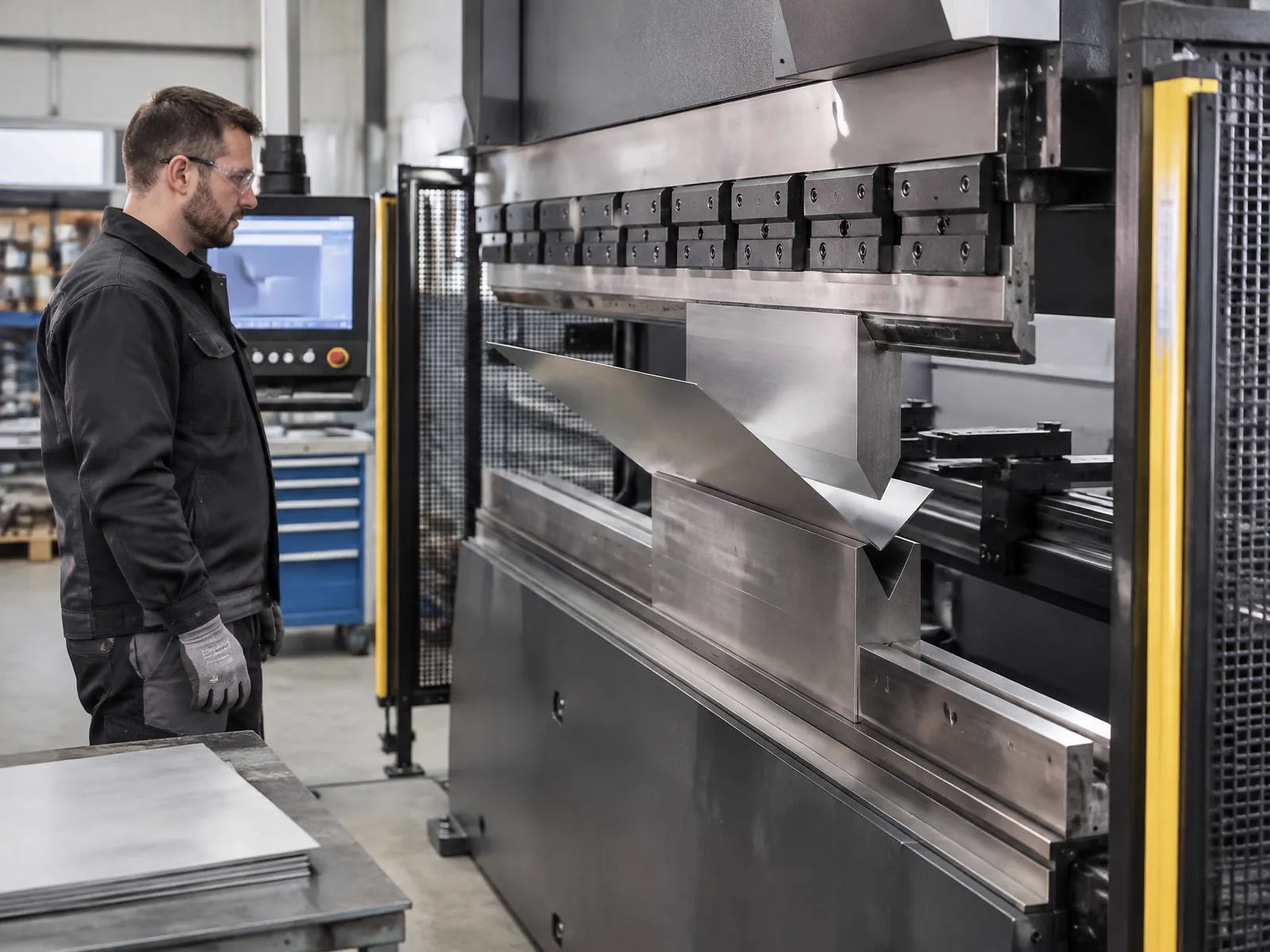 CNC press brake forming a bend in a stainless steel sheet