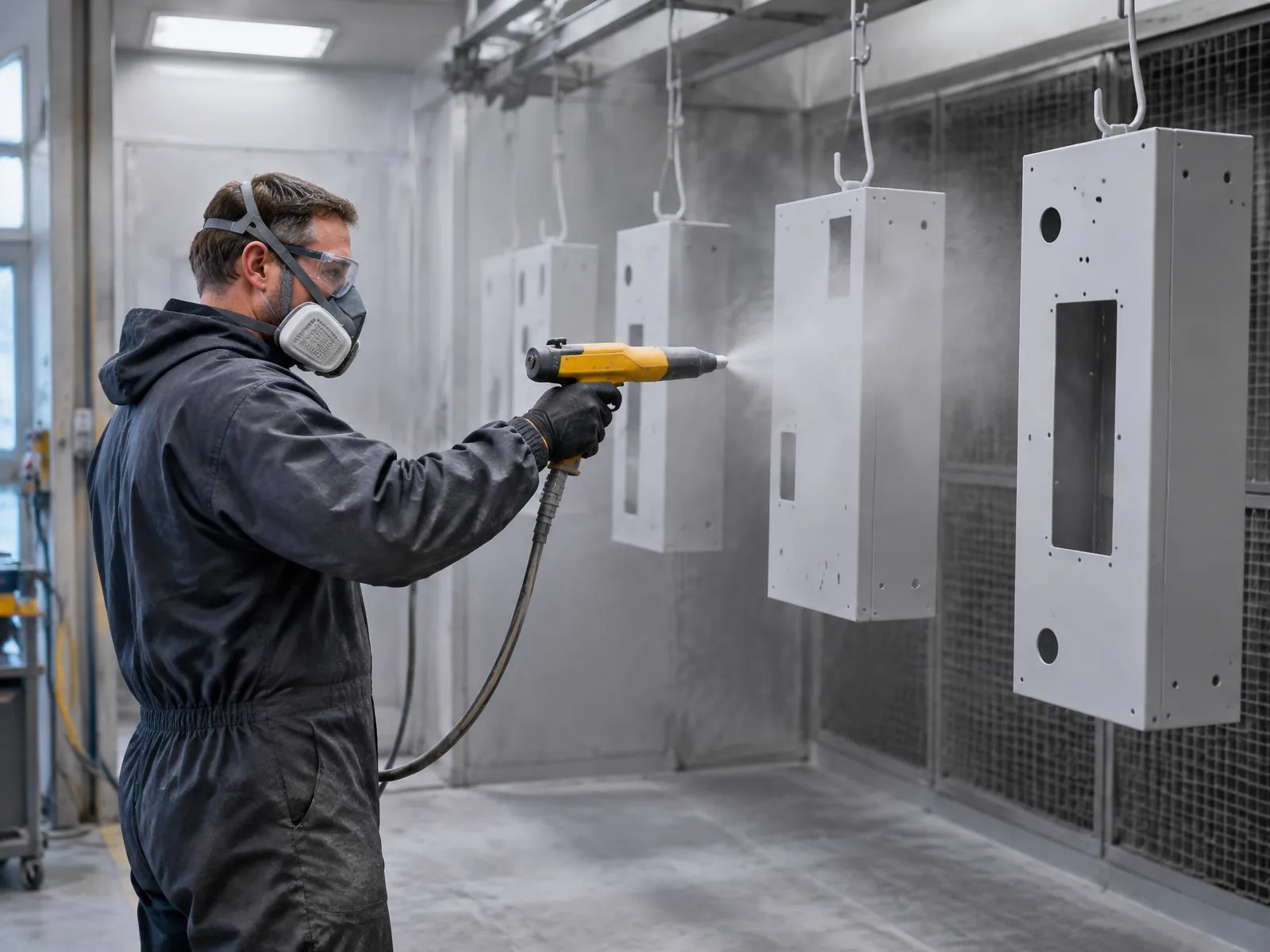 Powder coating applied to fabricated sheet metal enclosures in a finishing booth