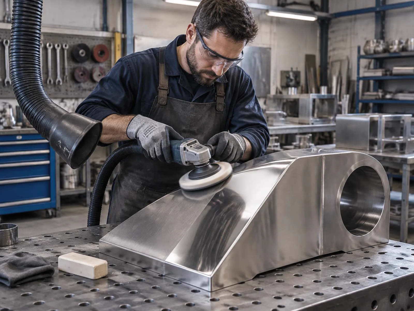 Fabricator machine-polishing a stainless steel component to a reflective finish