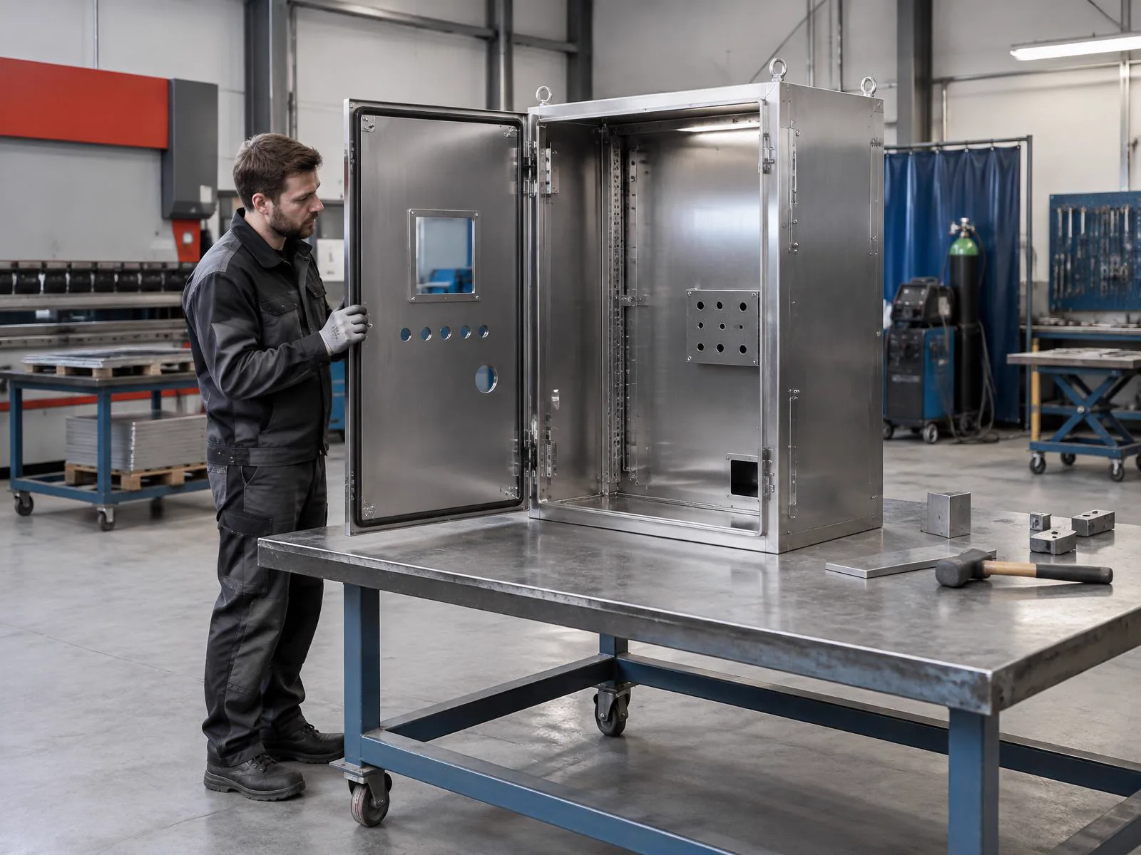 Fabricator inspecting an assembled stainless steel control enclosure